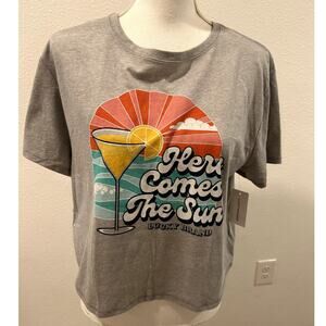 Lucky Brand Womens Cropped T-Shirt Tee Here Comes The Sun Size Medium Gray New